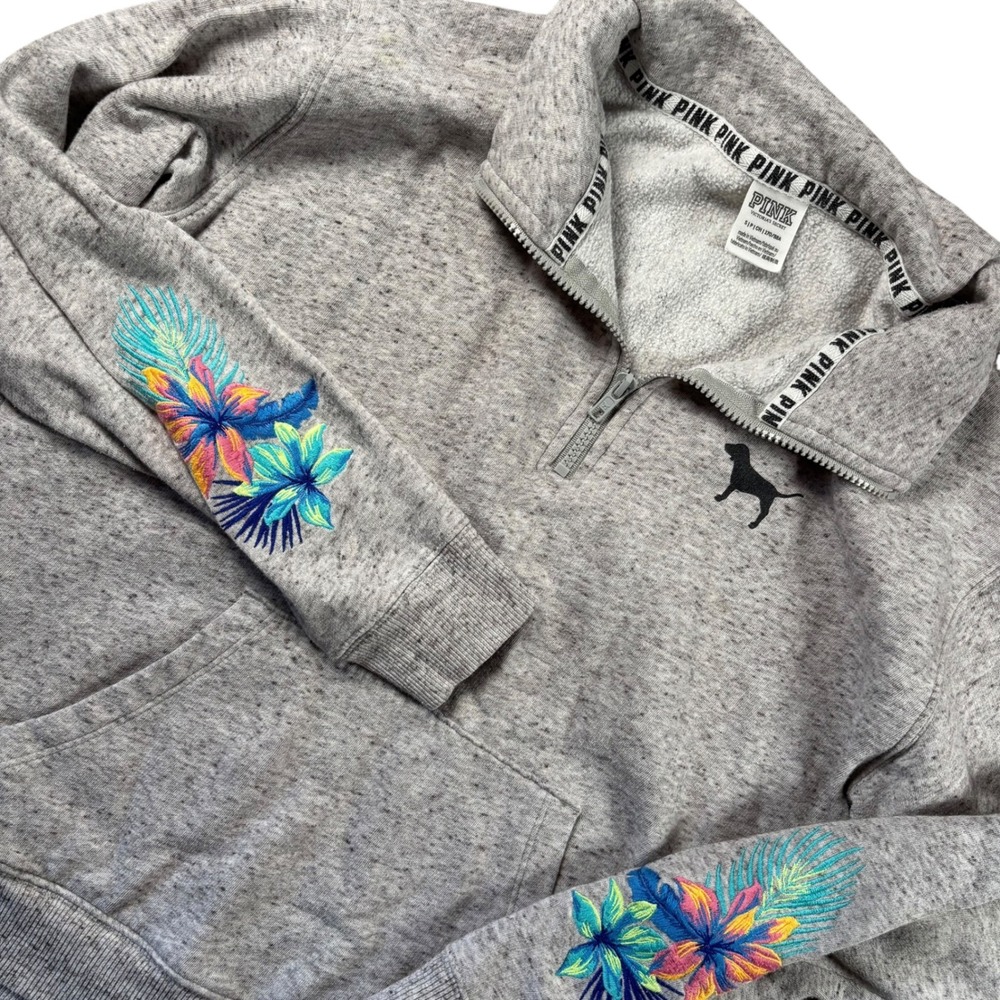 Y2K PINK Victoria's Secret 1/4 Zip Sweatshirt Women S Gray Floral embroidered